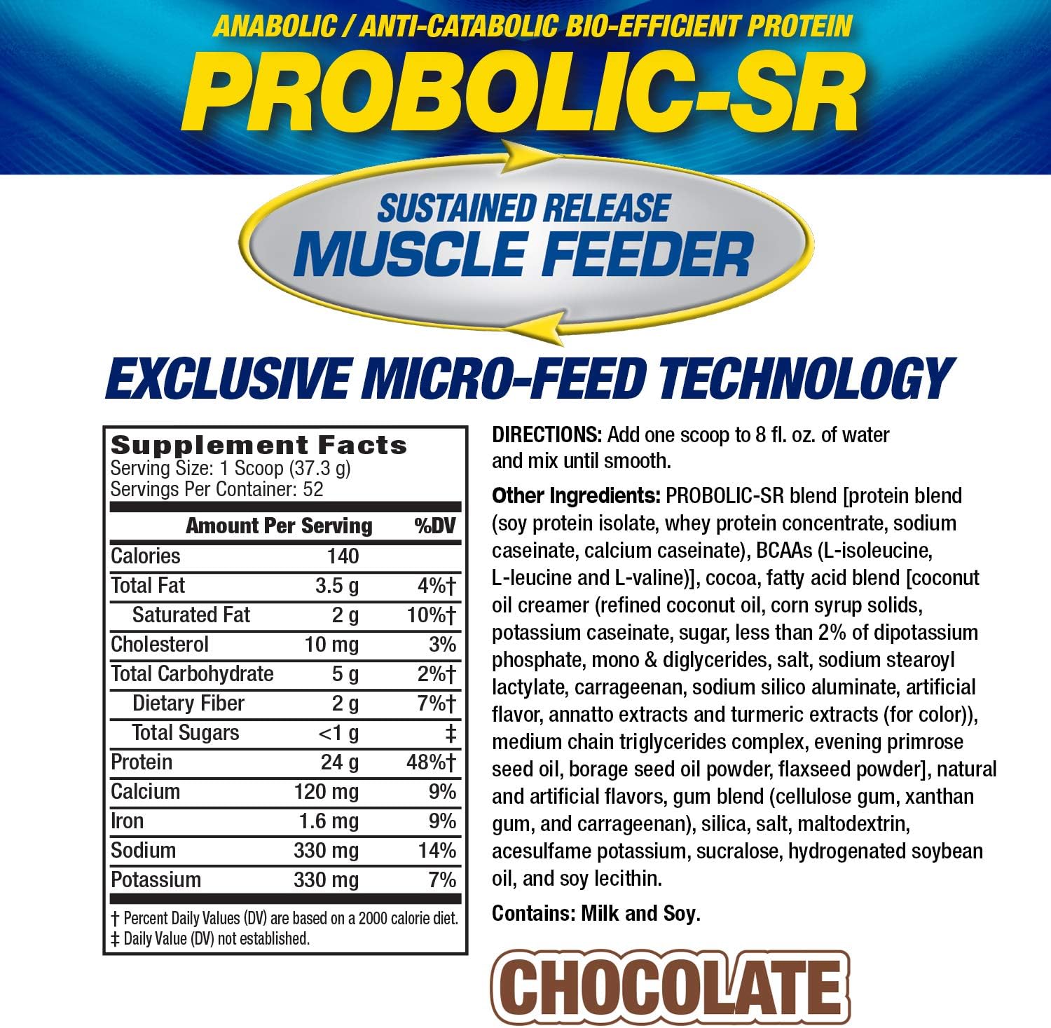 MHP Probolic-SR Sustained Release Protein Powder - Chocolate Flavor, 4lbs, 52 Servings, Pre & Post-Workout Support