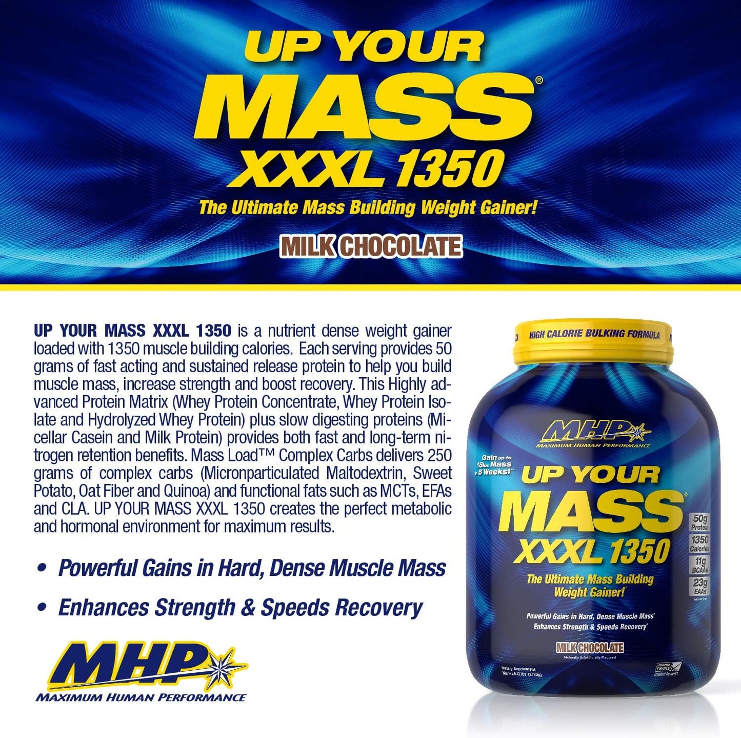MHP UYM XXXL 1350 Mass Building Weight Gainer - 50g Protein, High Calorie, 11g BCAAs - Milk Chocolate - 8 Servings
