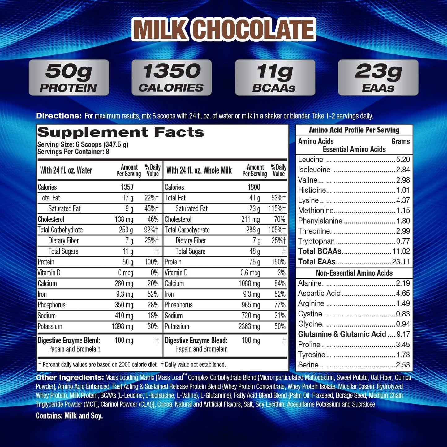MHP UYM XXXL 1350 Mass Building Weight Gainer - 50g Protein, High Calorie, 11g BCAAs - Milk Chocolate - 8 Servings