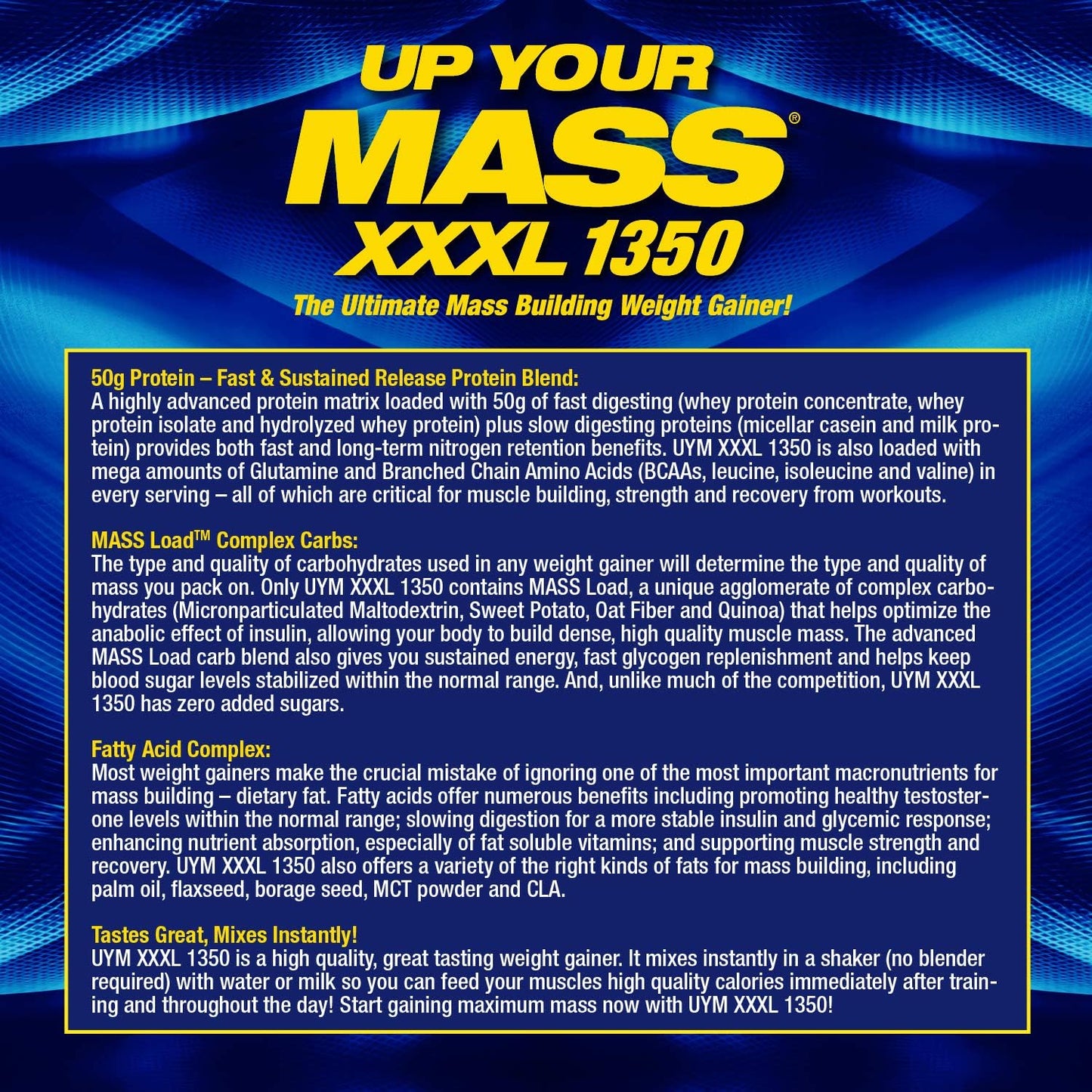 MHP UYM XXXL 1350 Mass Building Weight Gainer - 50g Protein, High Calorie, 11g BCAAs - Milk Chocolate - 8 Servings