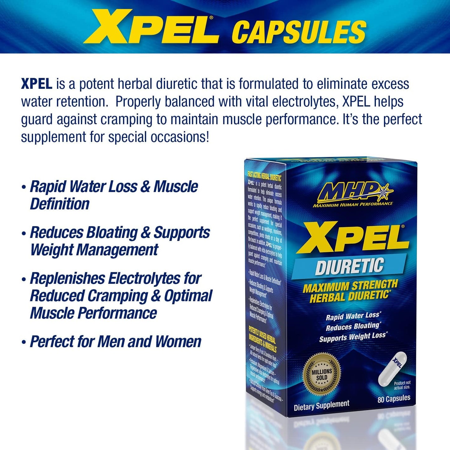 MHP Xpel Maximum Strength Diuretic Capsules - 80 Count (2 Pack) - Fast-Acting Water Weight Loss Supplement