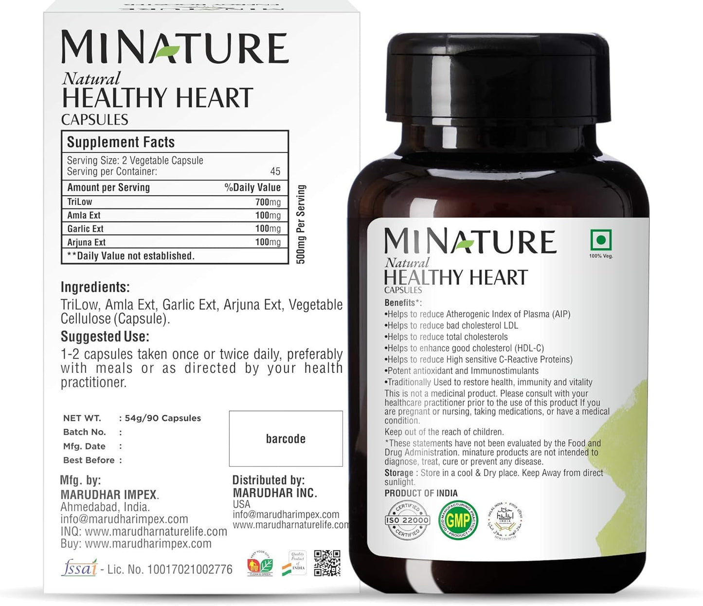 mi Nature Healthy Heart Capsules with TRI-Low Enrichment - 90 Veg Capsules, 45 Day Supply - 1000mg - Amla, Garlic, Arjuna Extracts from Indian Herbs
