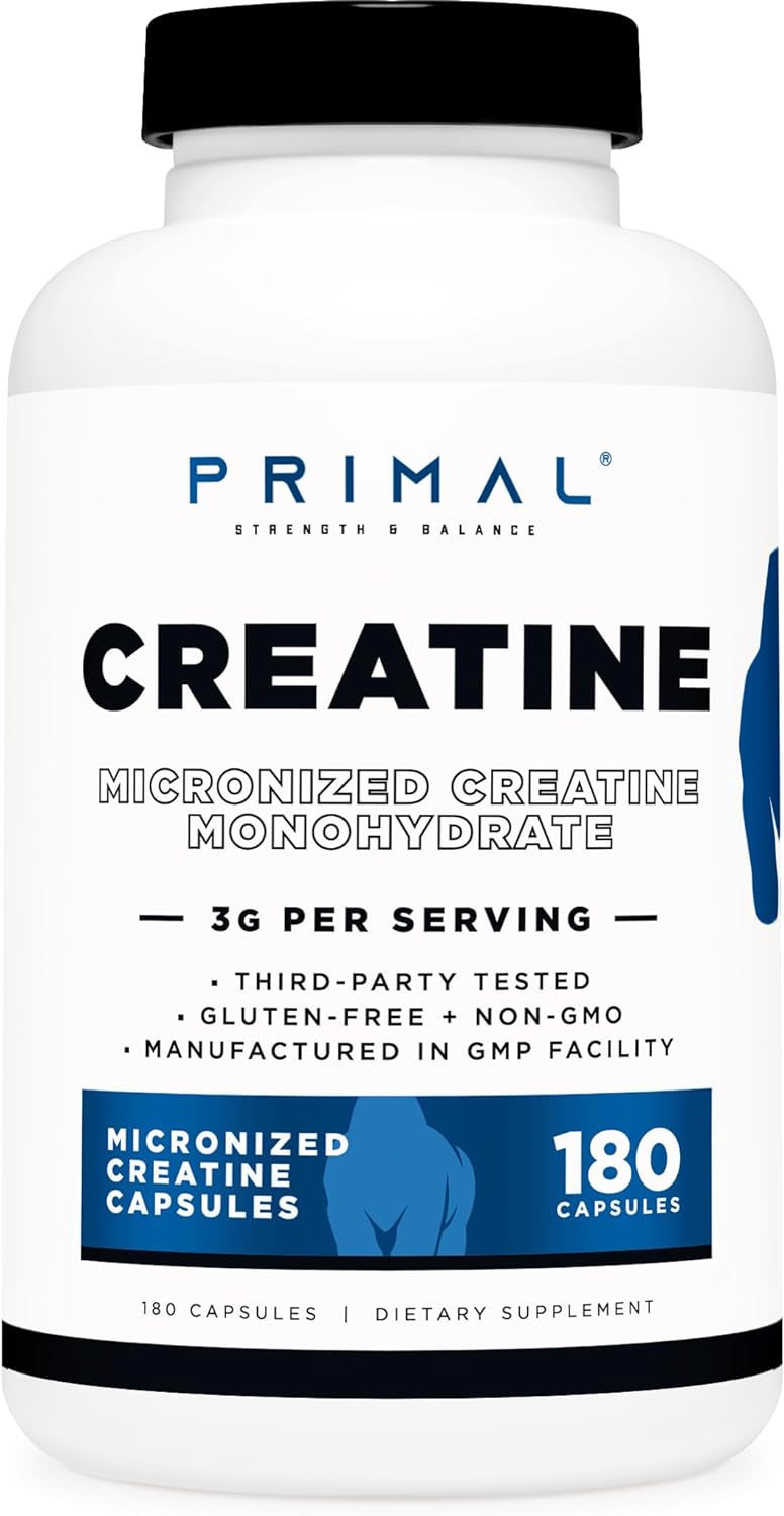 Micronized Creatine Monohydrate Capsules - 180 Caps (750mg Each) for Preworkout & Recovery - Gluten-Free, Non-GMO Formula
