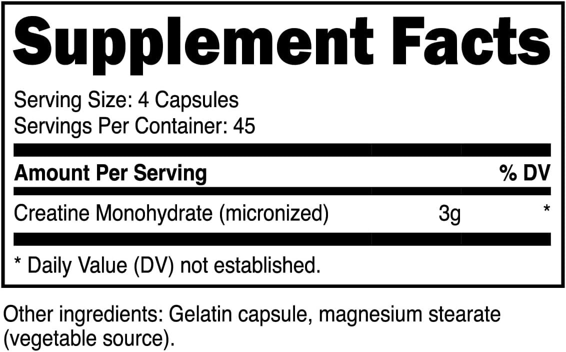 Micronized Creatine Monohydrate Capsules - 180 Caps (750mg Each) for Preworkout & Recovery - Gluten-Free, Non-GMO Formula
