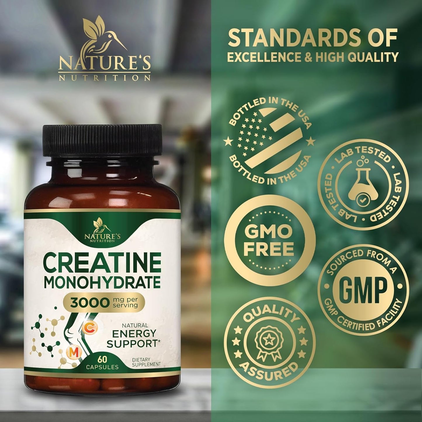 Micronized Creatine Monohydrate Capsules - 3,000mg Strength & Endurance Support - Non-GMO Gluten Free - 60 Capsules for Lean Muscle - Unflavored Tablets for Women & Men