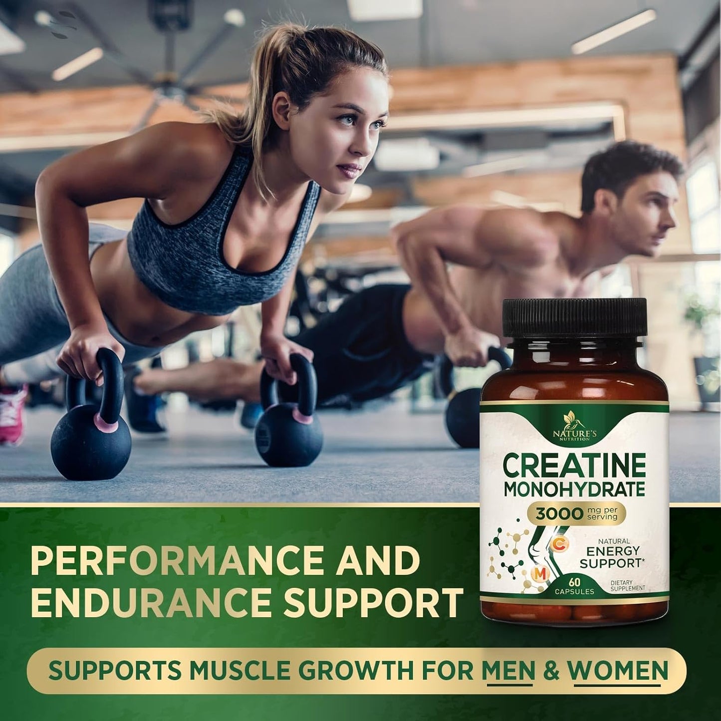 Micronized Creatine Monohydrate Capsules - 3,000mg Strength & Endurance Support - Non-GMO Gluten Free - 60 Capsules for Lean Muscle - Unflavored Tablets for Women & Men