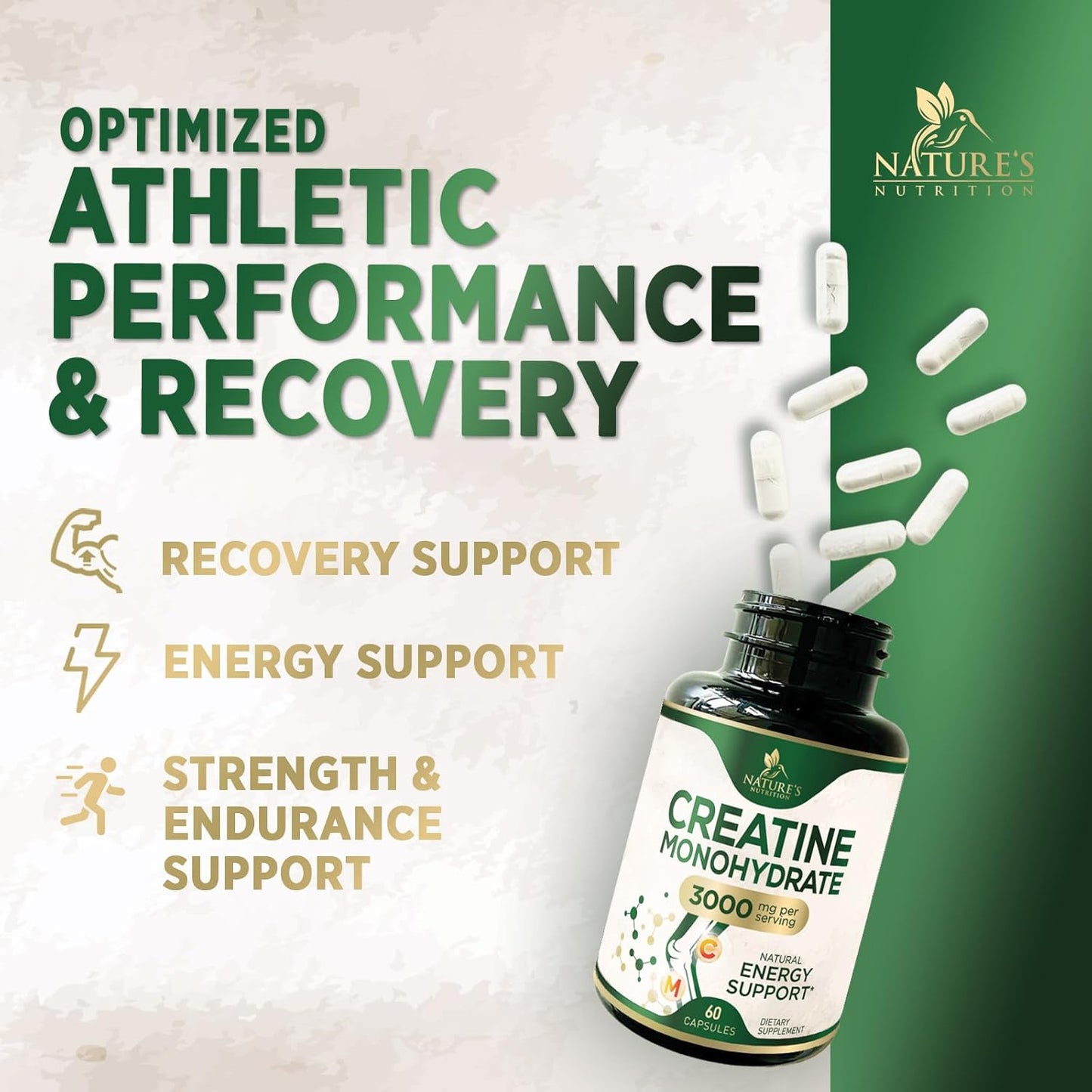 Micronized Creatine Monohydrate Capsules - 3,000mg Strength & Endurance Support - Non-GMO Gluten Free - 60 Capsules for Lean Muscle - Unflavored Tablets for Women & Men