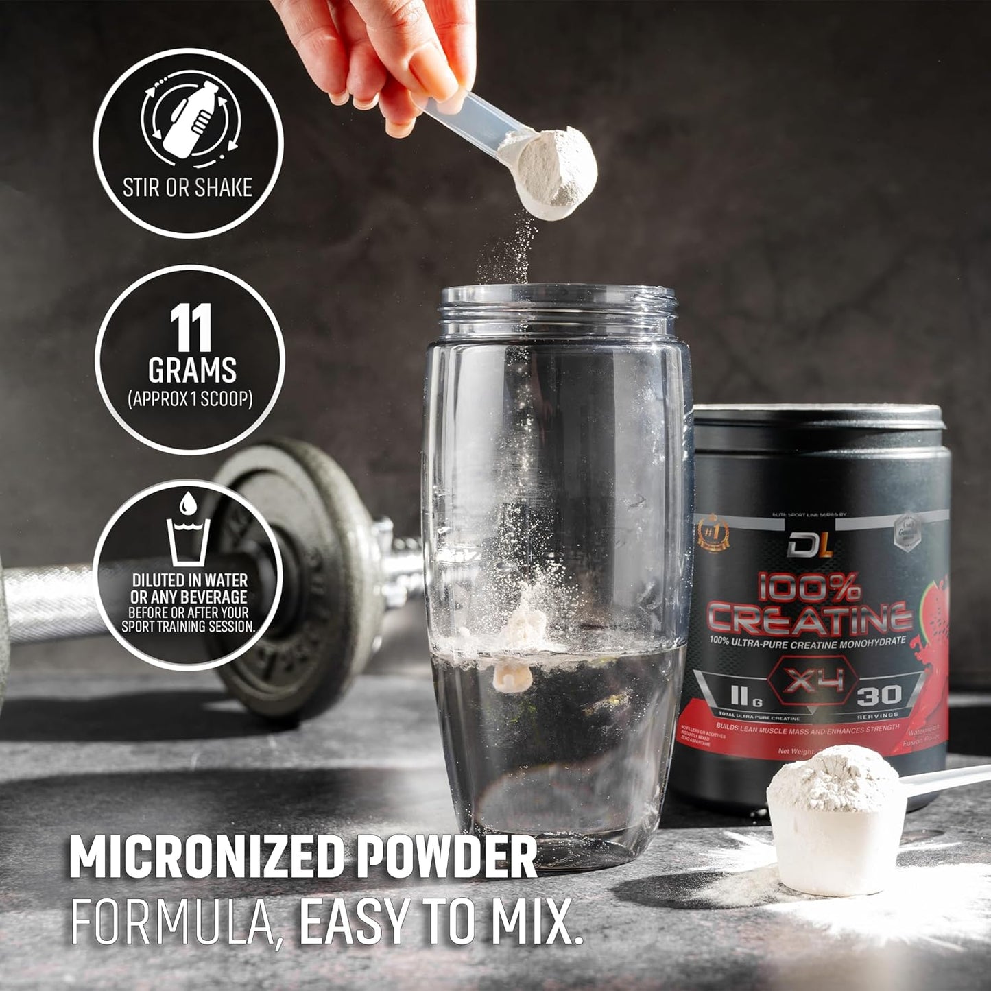 Micronized Creatine Monohydrate Powder for Lean Muscle Mass | Boost Performance & Recovery | Watermelon Flavor | 30 Servings | No Sugar