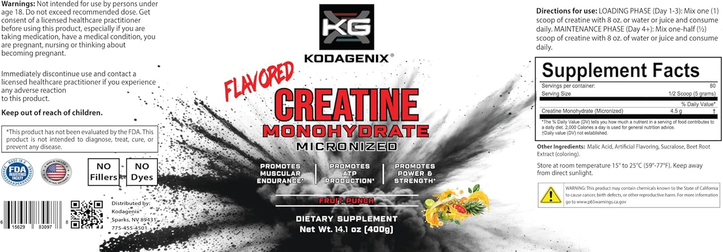 Micronized Creatine Monohydrate Powder for Muscle Growth & Recovery - Enhanced Absorption Workout Supplement for Strength & Endurance - Fruit Punch Flavor - 400g