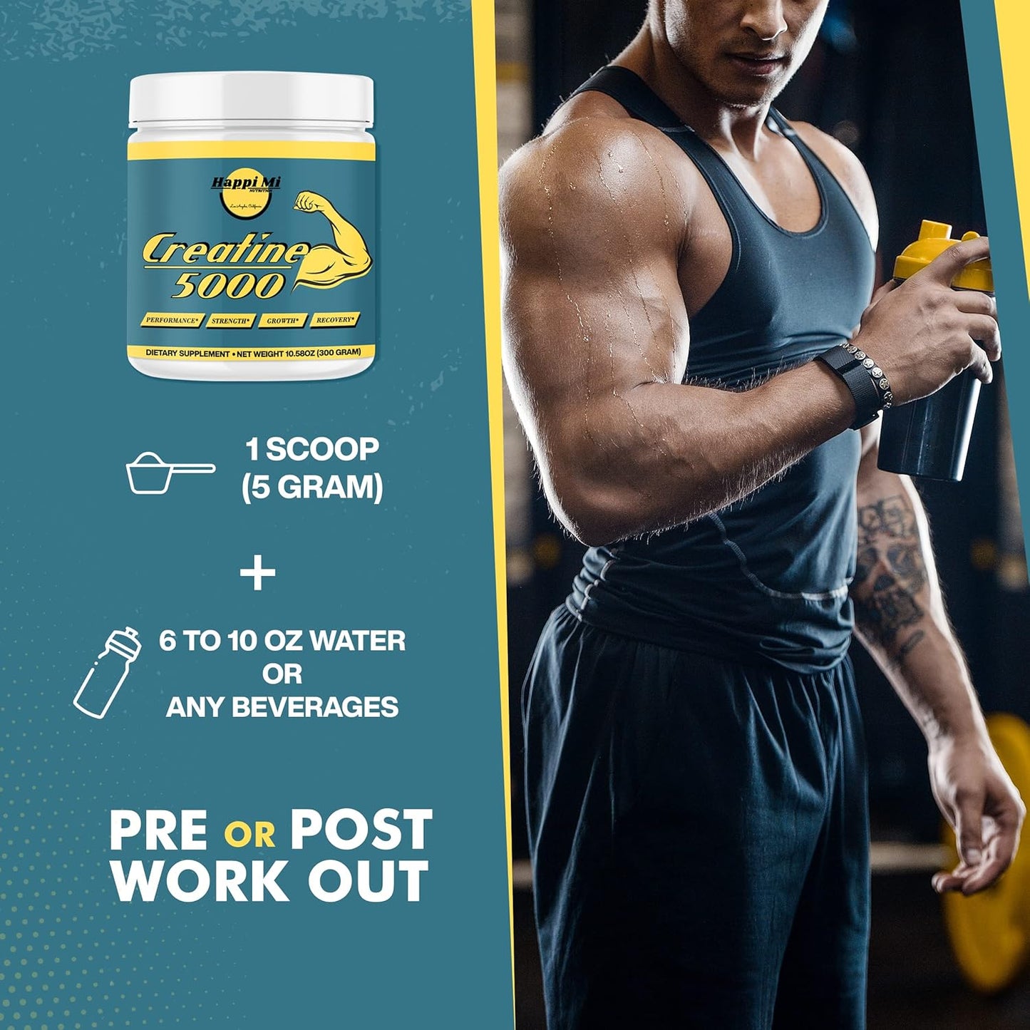 Micronized Creatine Monohydrate Powder for Pre and Post Workout, Muscle Building, and Athletic Performance - 300g, 5000mg per Serving