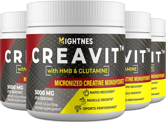 Micronized Creatine Monohydrate Powder Supplement - 5g per Serving | Includes L-Glutamine, HMB, Caffeine, Magnesium | Pack of 4
