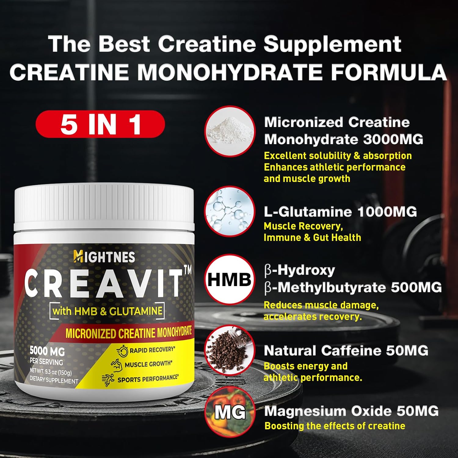 Micronized Creatine Monohydrate Powder Supplement - 5g per Serving | Includes L-Glutamine, HMB, Caffeine, Magnesium | Pack of 4