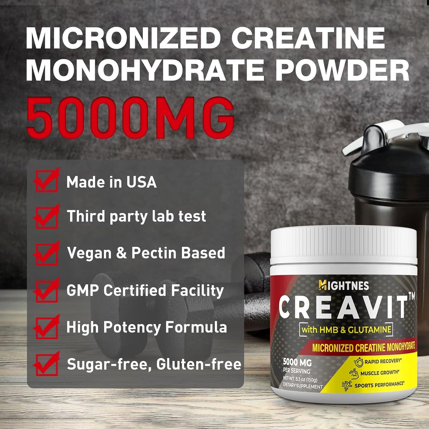 Micronized Creatine Monohydrate Powder Supplement - 5g per Serving | Includes L-Glutamine, HMB, Caffeine, Magnesium | Pack of 4