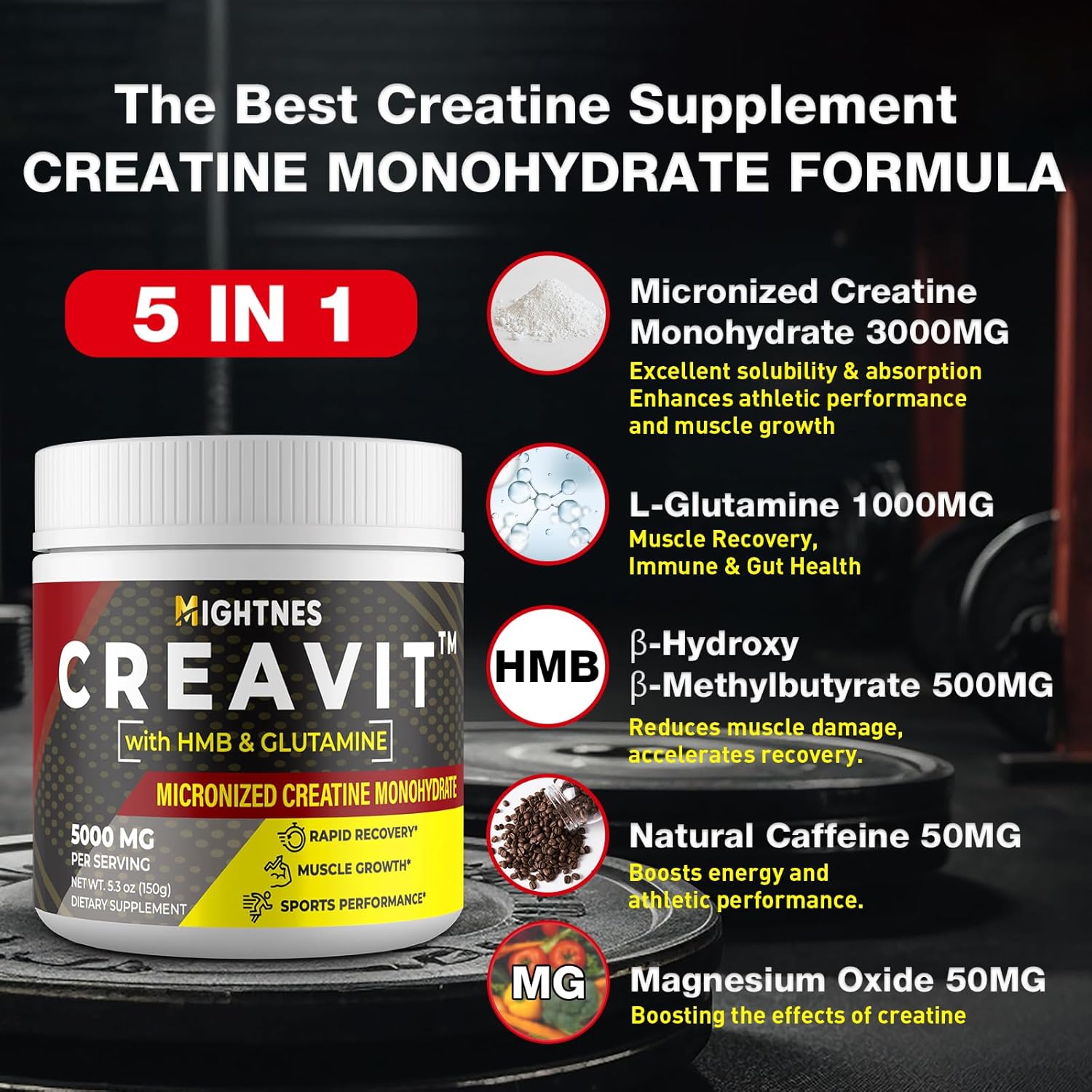 Micronized Creatine Monohydrate Powder with L-Glutamine, HMB, Caffeine, and Magnesium | 5g per Serving | 3 Pack