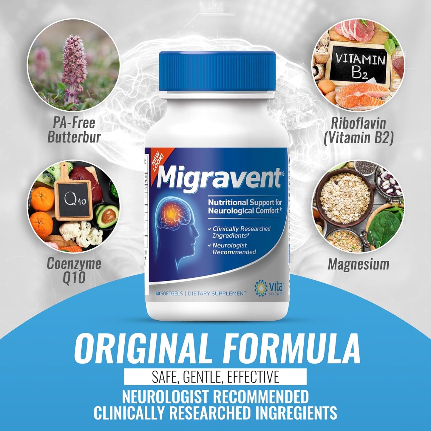 Migravent Migraine Relief Supplement with Vitamin B2, Riboflavin, Magnesium, Coenzyme CoQ10, PA-Free Butterbur, Bioperine - Pack of 6 (60 Count) by Vita Sciences