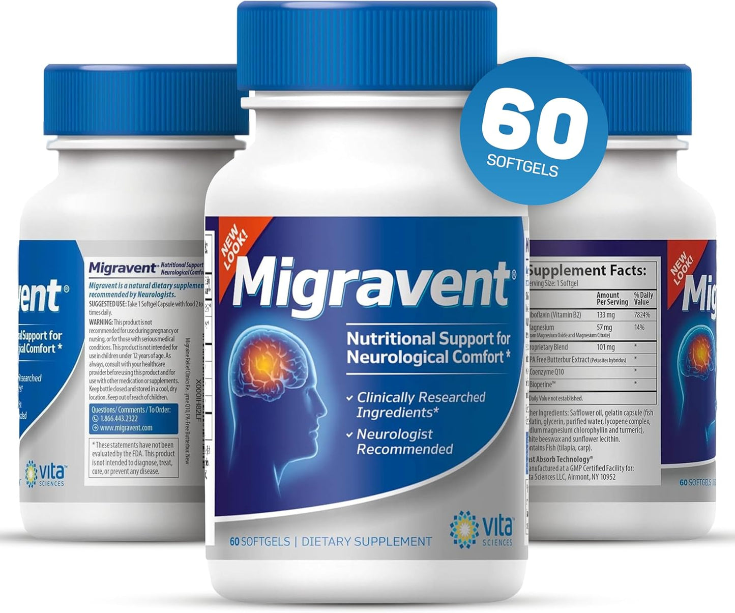Migravent Migraine Relief Supplement with Vitamin B2, Riboflavin, Magnesium, Coenzyme CoQ10, PA-Free Butterbur, Bioperine - Pack of 6 (60 Count) by Vita Sciences