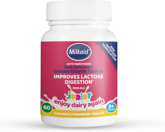 Milkaid Junior Chewable Lactase Enzyme Tablets for Kids - Strawberry Flavor, 60 ct - Fast-Acting Dairy Digestive Supplement to Prevent Gas, Bloating, Diarrhea in Children with Lactose Intolerance