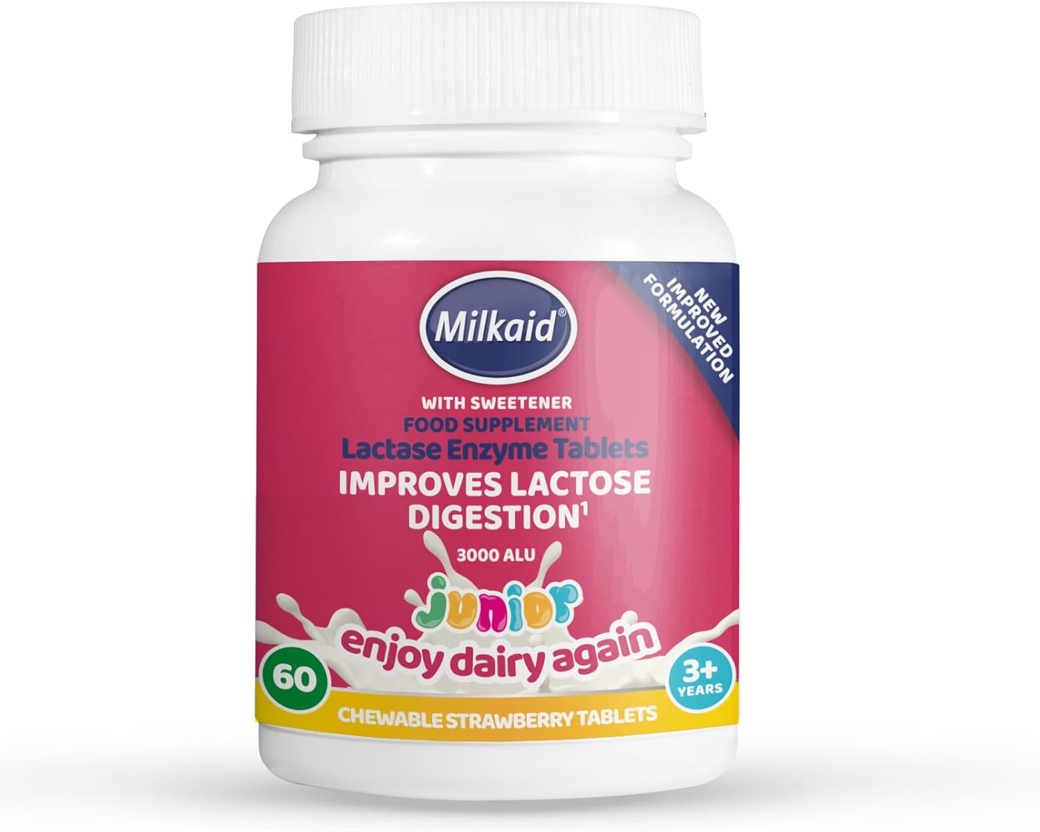 Milkaid Junior Chewable Lactase Enzyme Tablets for Kids - Strawberry Flavor, 60 ct - Fast-Acting Dairy Digestive Supplement to Prevent Gas, Bloating, Diarrhea in Children with Lactose Intolerance