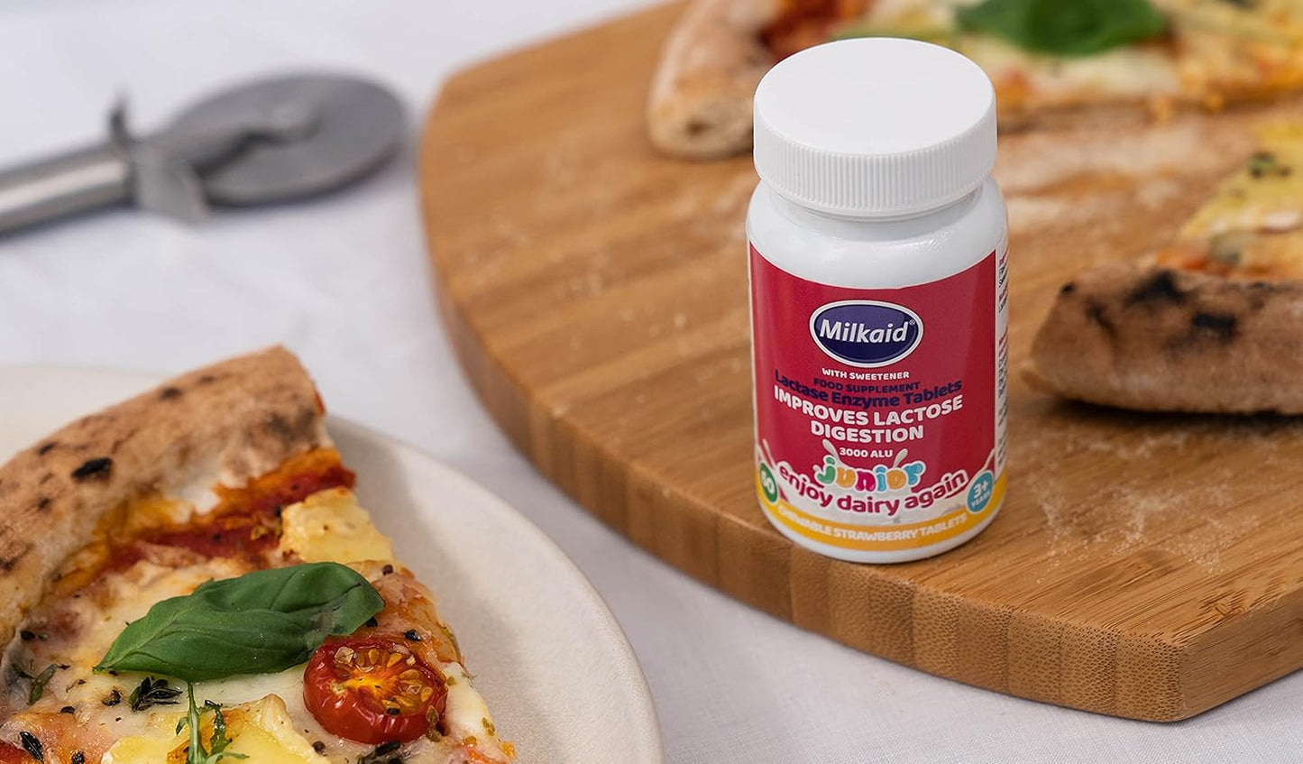 Milkaid Junior Chewable Lactase Enzyme Tablets for Kids - Strawberry Flavor, 60 ct - Fast-Acting Dairy Digestive Supplement to Prevent Gas, Bloating, Diarrhea in Children with Lactose Intolerance