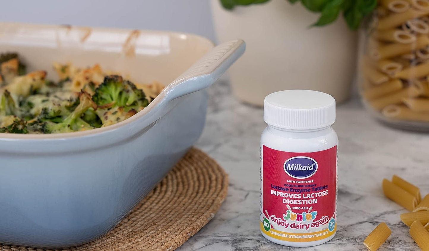 Milkaid Junior Chewable Lactase Enzyme Tablets for Kids - Strawberry Flavor, 60 ct - Fast-Acting Dairy Digestive Supplement to Prevent Gas, Bloating, Diarrhea in Children with Lactose Intolerance