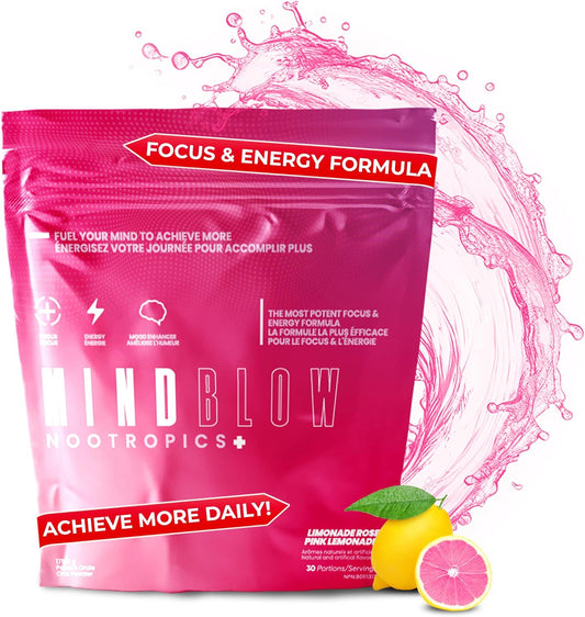 Mind Blow Energy Nootropic Brain Supplement - Boost Energy, Focus, & Mood with Caffeine, L-Tyrosine, Teacrine, & Alpha GPC - Great for Gamers, Gym Goers, Students, & Entrepreneurs - 30 Servings (Pink Lemonade)
