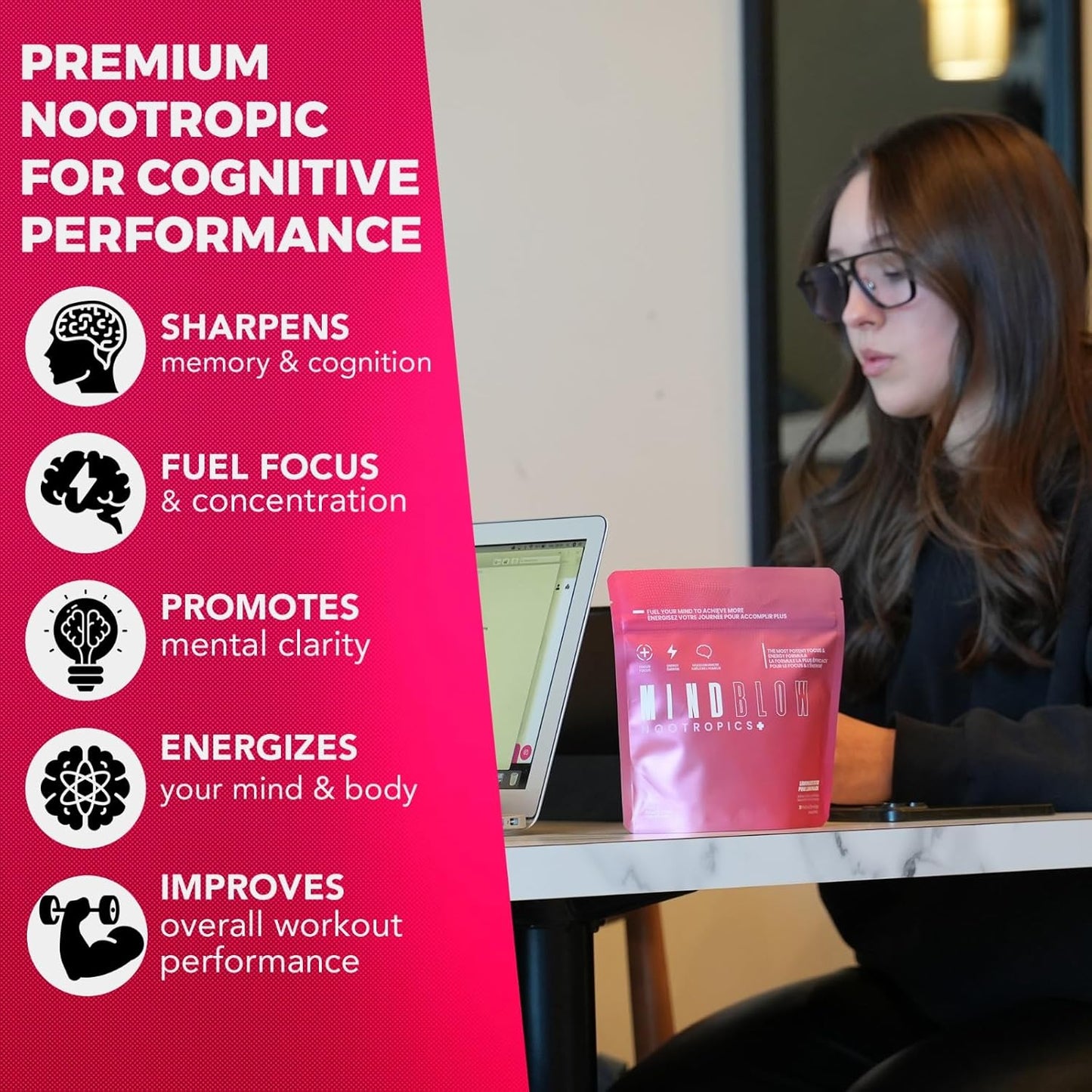 Mind Blow Energy Nootropic Brain Supplement - Boost Energy, Focus, & Mood with Caffeine, L-Tyrosine, Teacrine, & Alpha GPC - Great for Gamers, Gym Goers, Students, & Entrepreneurs - 30 Servings (Pink Lemonade)