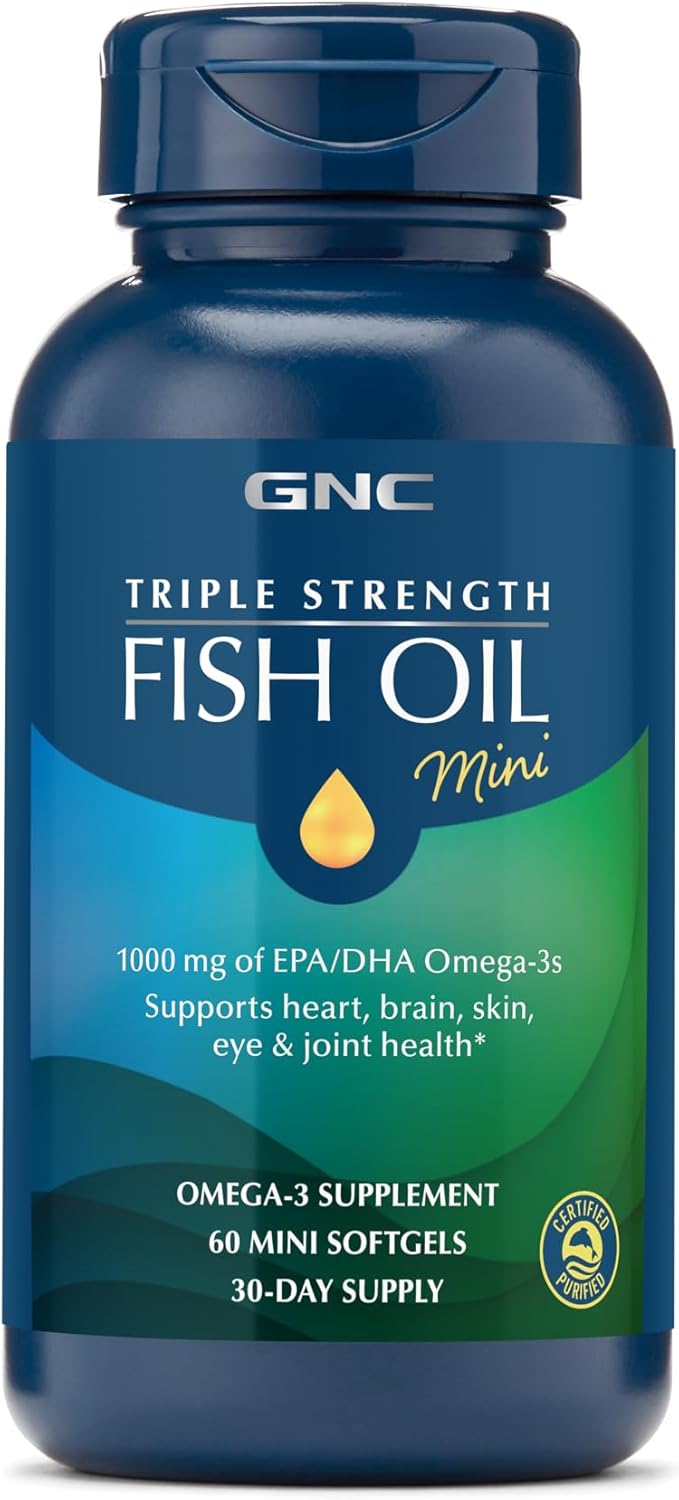 Mini Omega 3 Supplement: GNC Triple Strength Fish Oil, 1000mg EPA and DHA, 60 Mini Softgels for Heart, Brain, Skin, Eye, and Joint Health