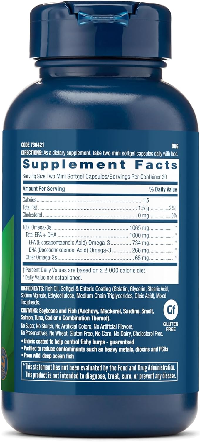 Mini Omega 3 Supplement: GNC Triple Strength Fish Oil, 1000mg EPA and DHA, 60 Mini Softgels for Heart, Brain, Skin, Eye, and Joint Health