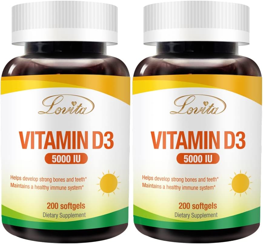 Mini-Size Lovita Vitamin D3 5000 IU Softgels for Bone, Teeth, Muscle, and Immune Health - 200 Count x 2 Pack, Easy to Swallow, Gluten Free
