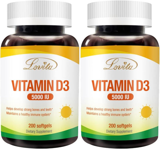 Mini-Size Lovita Vitamin D3 5000 IU Softgels for Bone, Teeth, Muscle, and Immune Health - 200 Count x 2 Pack, Easy to Swallow, Gluten Free