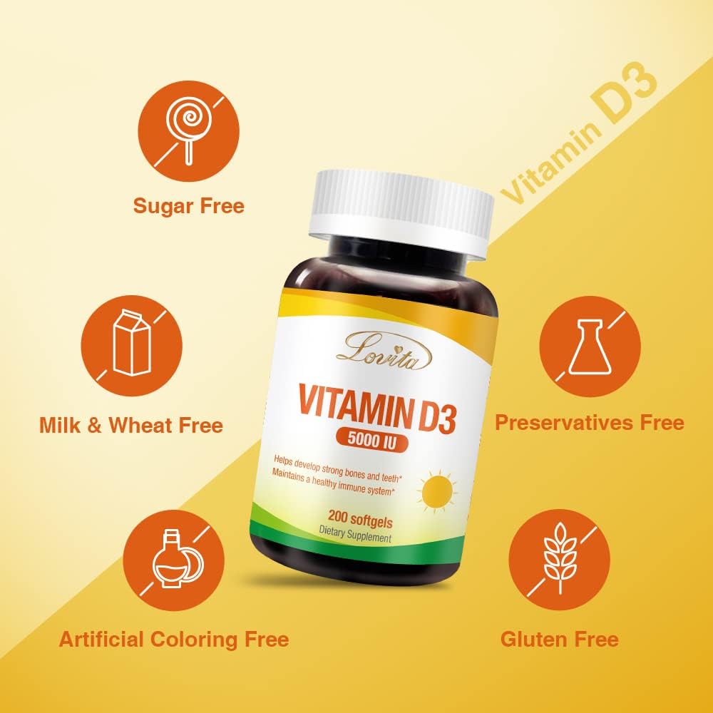 Mini-Size Lovita Vitamin D3 5000 IU Softgels for Bone, Teeth, Muscle, and Immune Health - 200 Count x 2 Pack, Easy to Swallow, Gluten Free