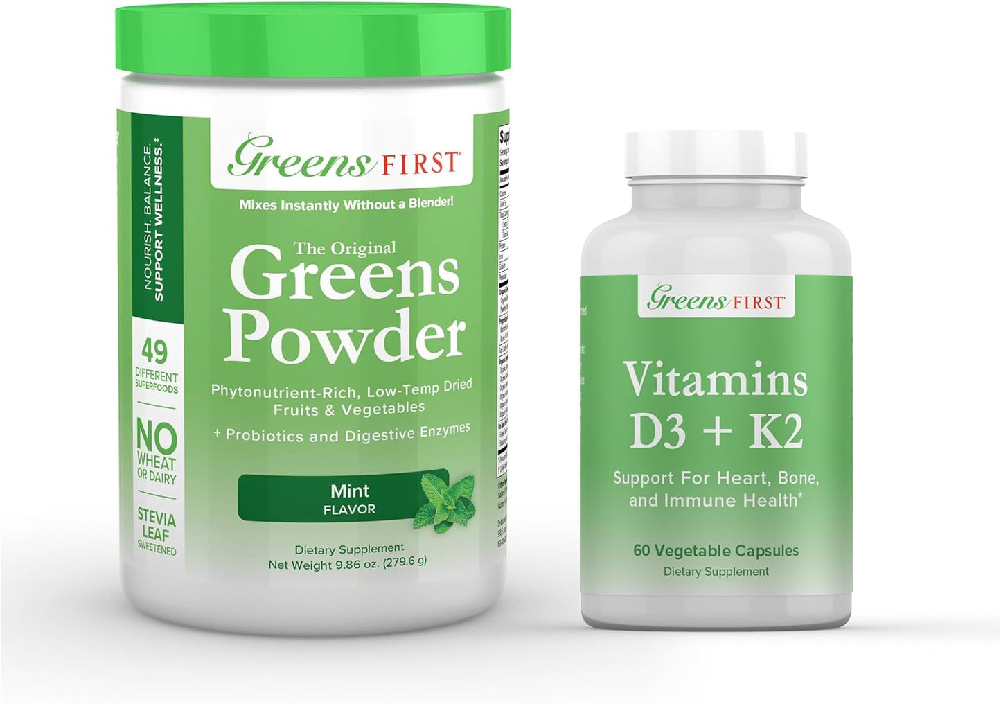 Mint Greens Powder Superfood with 49 Superfoods, 15+ Organic Fruits & Veggies, Dairy-Free, Vegan, Non-GMO - 30 Servings + D3+K2 Vitamins - 9.86 oz & 60 Capsules