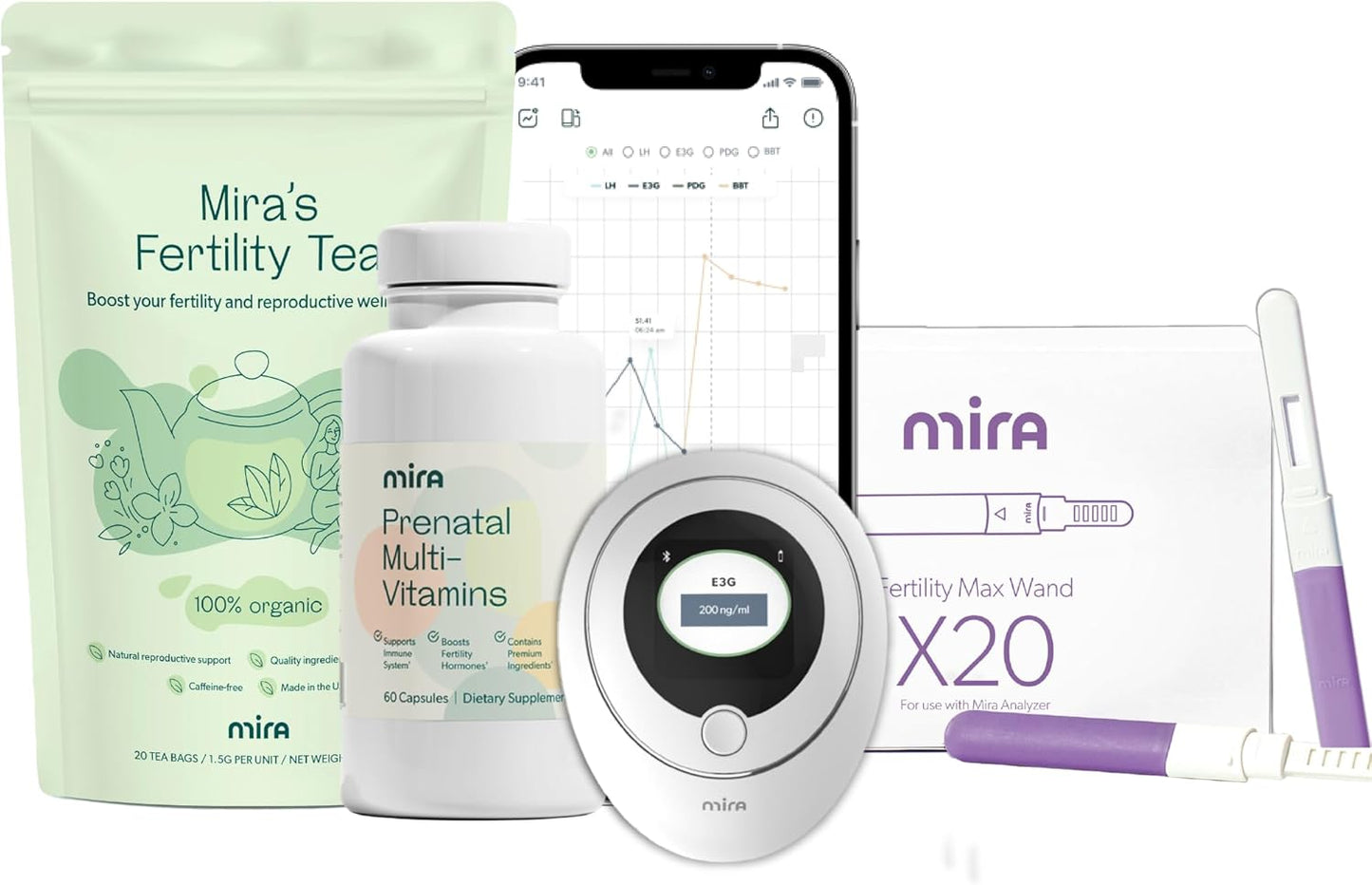 Mira Pregnancy Bundle: Digital Fertility Kit with Ovulation Test Wands, Prenatal Vitamins, and Fertility Tea (60 Capsules, 20 Tea Bags)