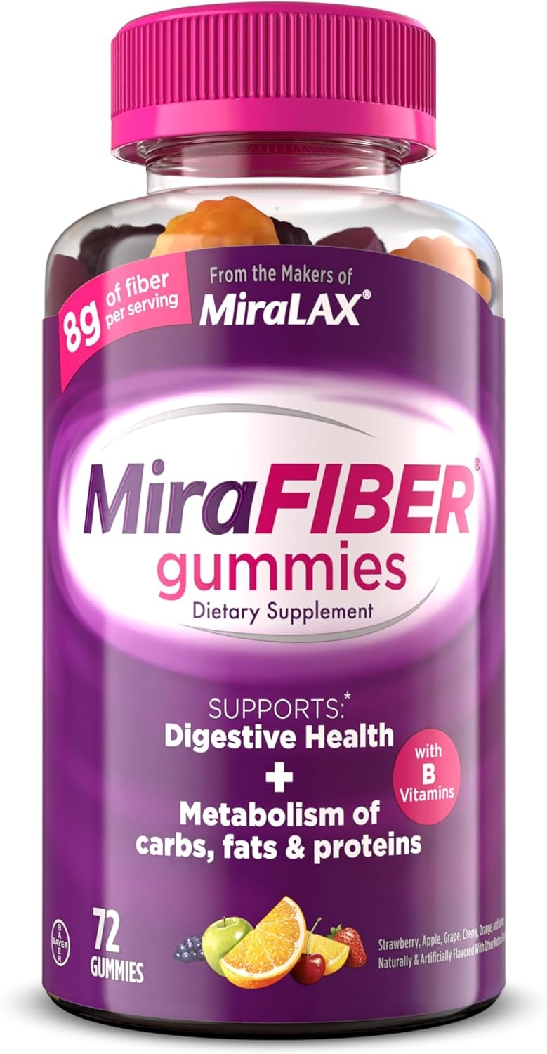 MiraFIBER Gummies: Daily Prebiotic Fiber with B Vitamins for Digestive Health - 72 Fruit Flavored Gummies