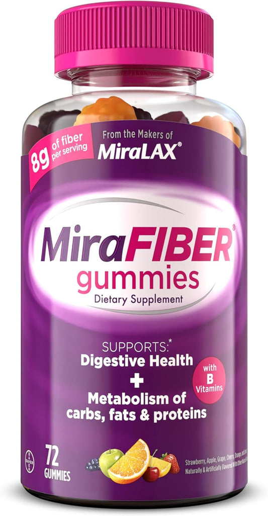 MiraFIBER Gummies: Daily Prebiotic Fiber with B Vitamins for Digestive Health - 72 Fruit Flavored Gummies