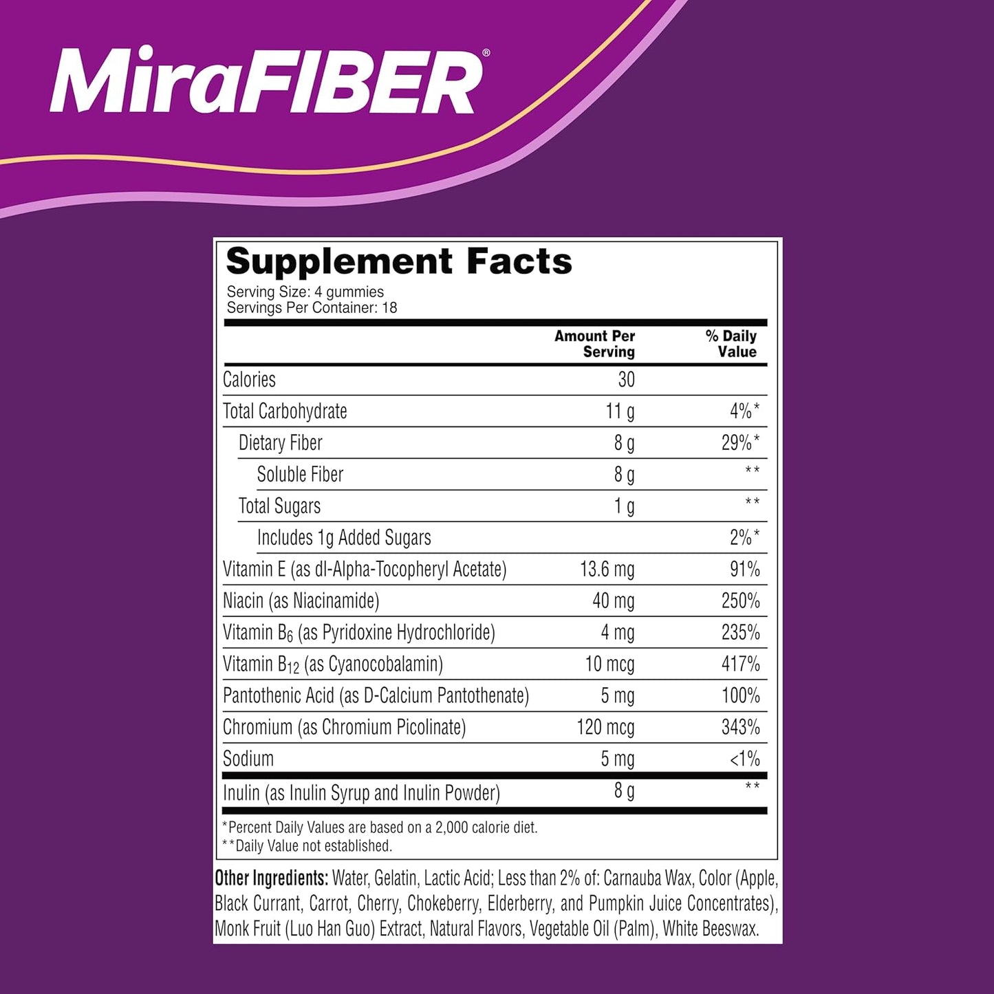 MiraFIBER Gummies: Daily Prebiotic Fiber with B Vitamins for Digestive Health - 72 Fruit Flavored Gummies