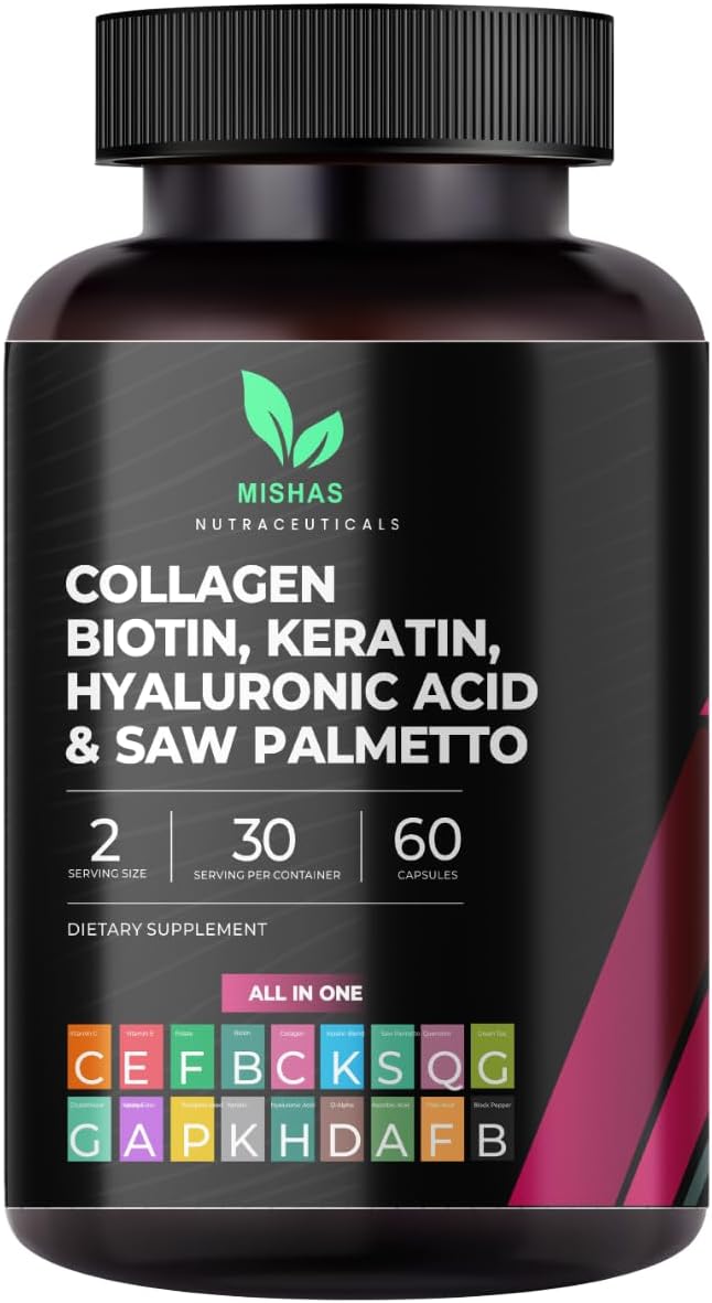 Mishas Nutraceuticals Collagen, Biotin, Keratin & Hyaluronic Acid Capsules for Skin, Hair, Nails - DHT Blocking - 60 Vegan Capsules