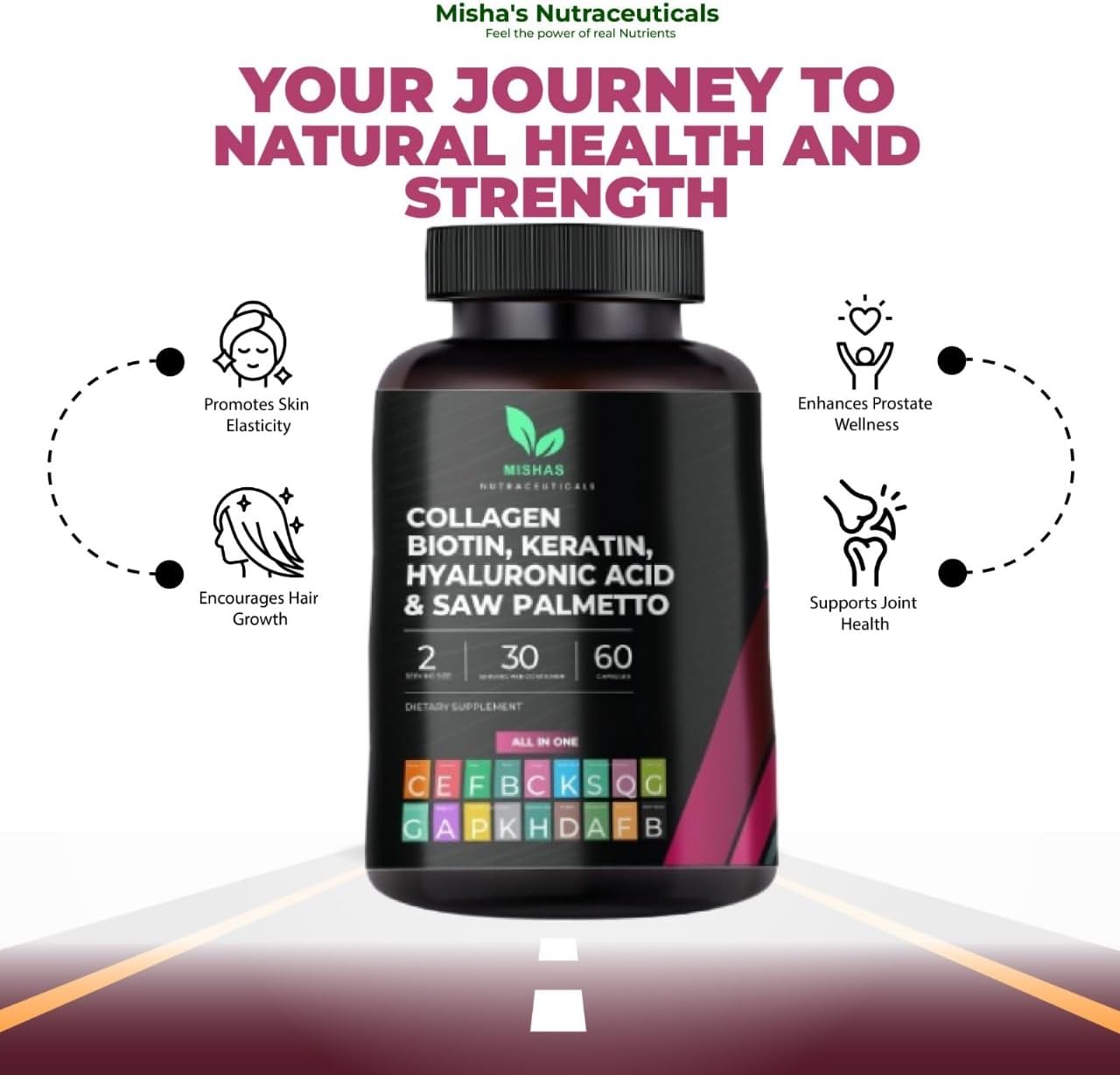 Mishas Nutraceuticals Collagen, Biotin, Keratin & Hyaluronic Acid Capsules for Skin, Hair, Nails - DHT Blocking - 60 Vegan Capsules