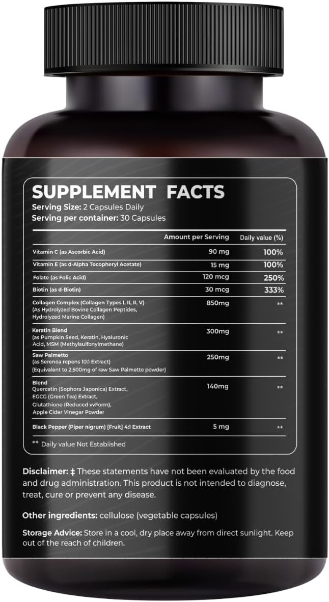 Mishas Nutraceuticals Collagen, Biotin, Keratin & Hyaluronic Acid Capsules for Skin, Hair, Nails - DHT Blocking - 60 Vegan Capsules