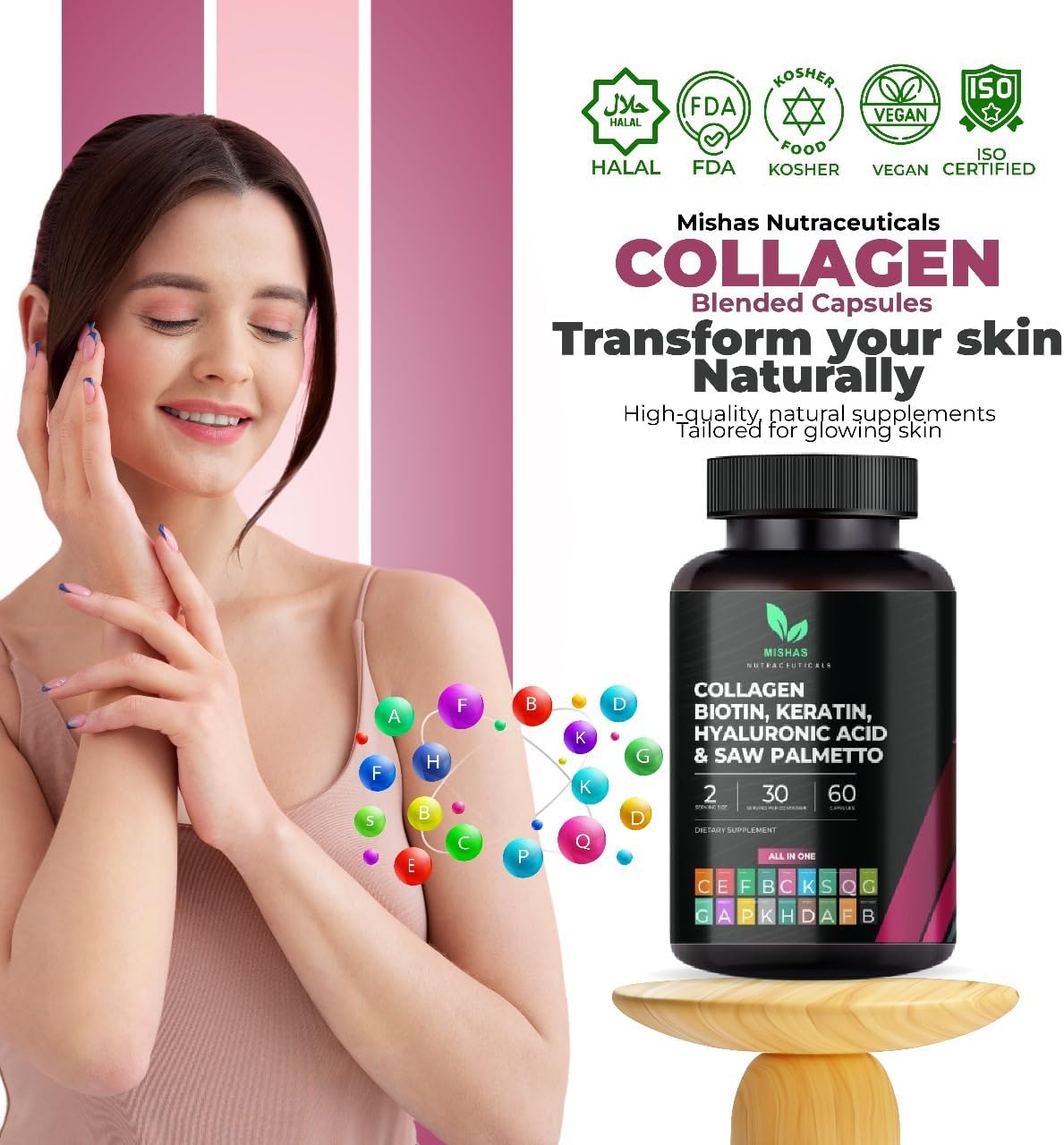 Mishas Nutraceuticals Collagen, Biotin, Keratin & Hyaluronic Acid Capsules for Skin, Hair, Nails - DHT Blocking - 60 Vegan Capsules