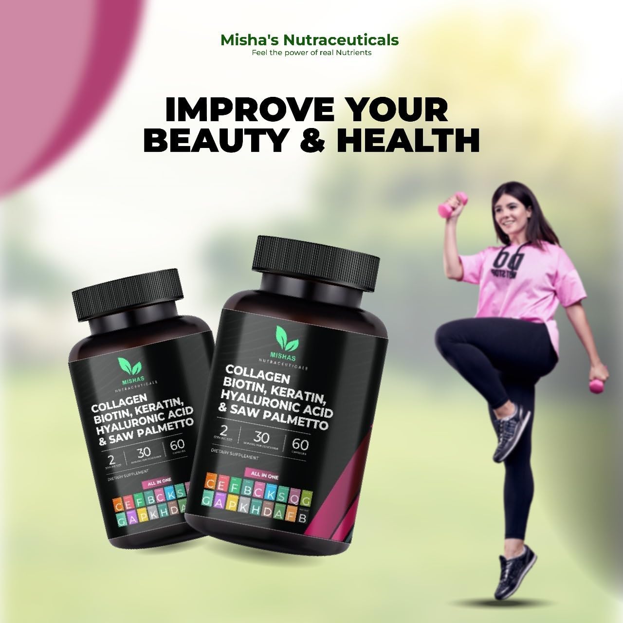 Mishas Nutraceuticals Collagen, Biotin, Keratin & Hyaluronic Acid Capsules for Skin, Hair, Nails - DHT Blocking - 60 Vegan Capsules