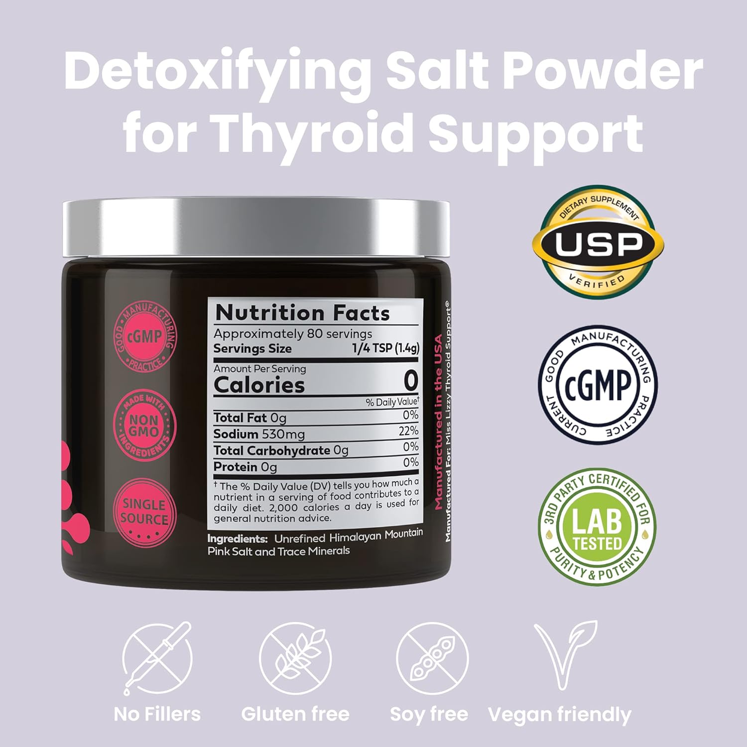 Miss Lizzy HaloDetox - Pure Pink Salt Powder with 80 Minerals for Thyroid Support & Halogen Detox - 4oz