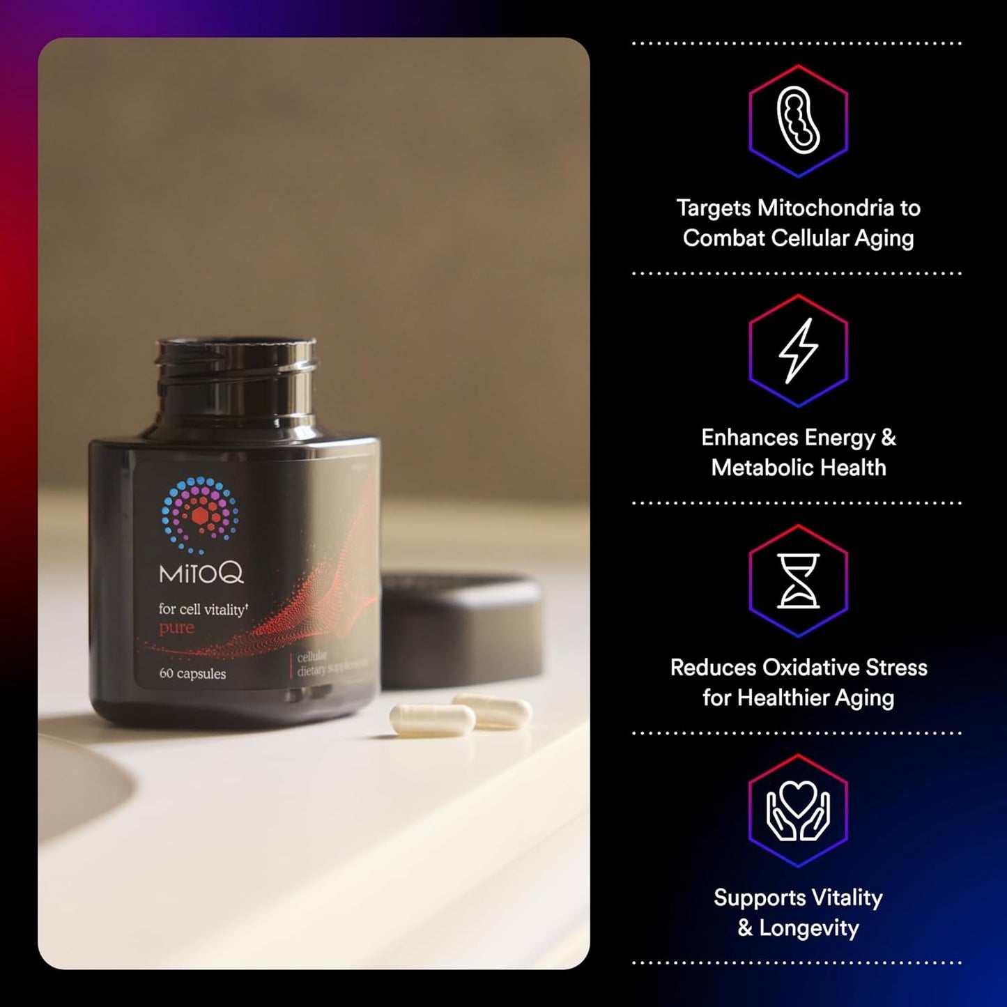 MitoQ Antioxidant Supplement for Cellular Longevity, Metabolic Health, and Energy Support - 180 Capsules