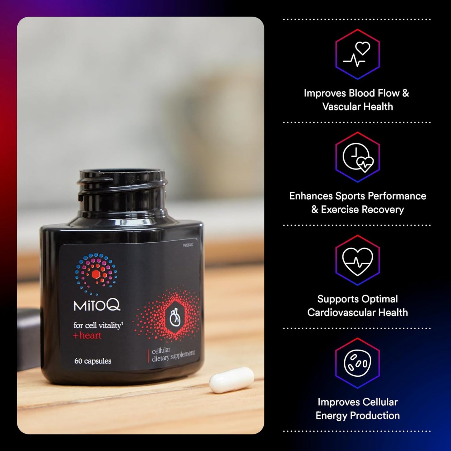 MitoQ +Heart Premium CoQ10 Antioxidant Supplement for Cardiovascular Health - With Mitoquinol Mesylate, Magnesium, L-Carnitine, and Vitamin D3 - Promotes Circulatory Health and Cell Vitality - 60 Capsules
