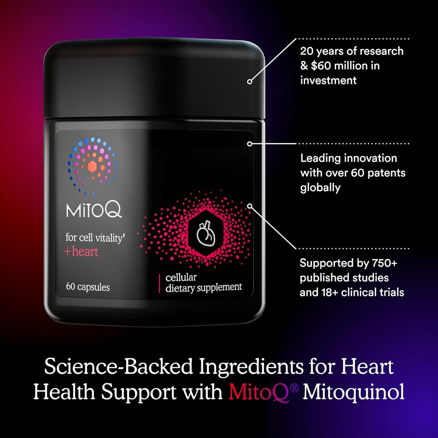 MitoQ +Heart Premium CoQ10 Antioxidant Supplement for Cardiovascular Health - With Mitoquinol Mesylate, Magnesium, L-Carnitine, and Vitamin D3 - Promotes Circulatory Health and Cell Vitality - 60 Capsules