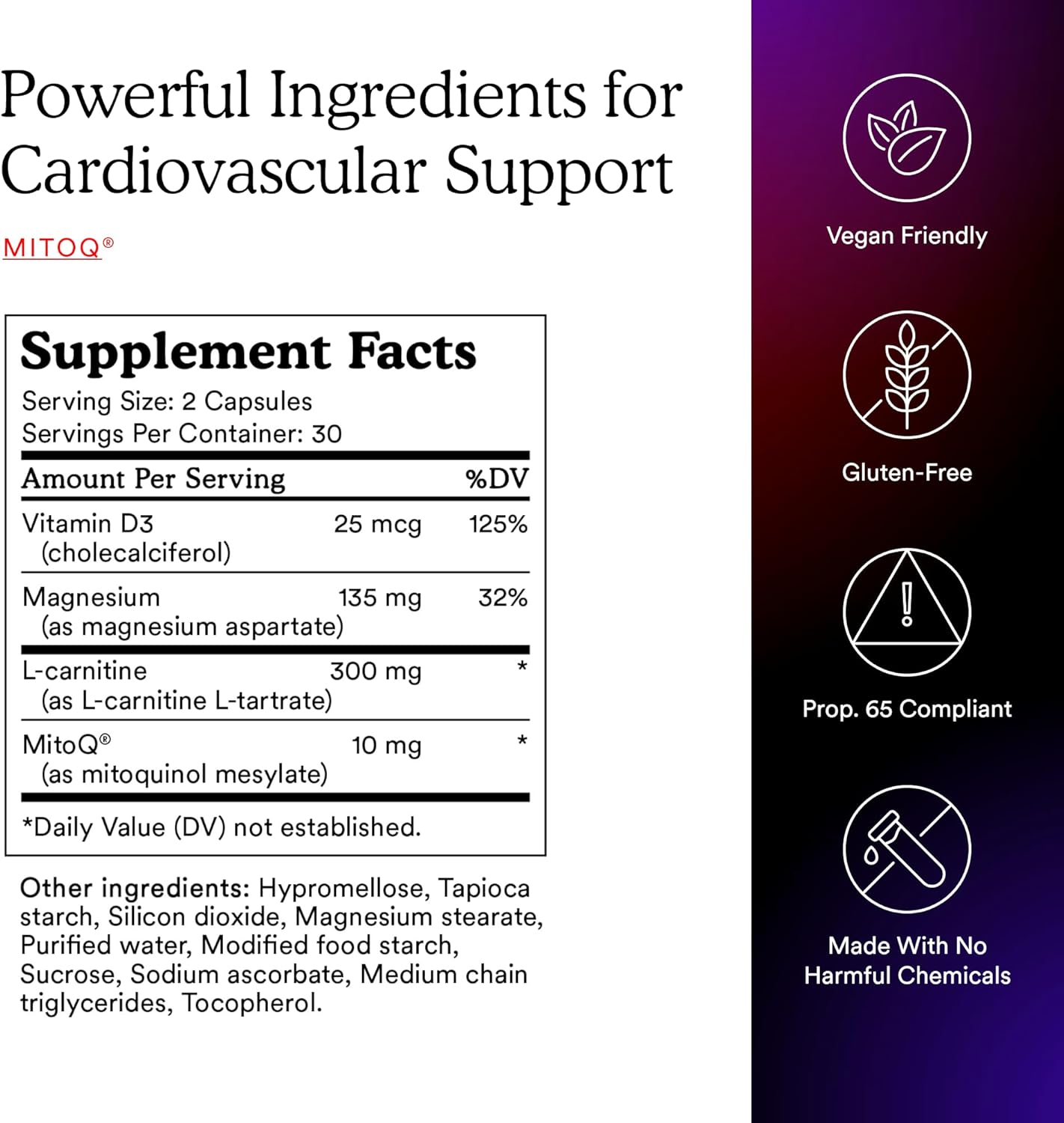 MitoQ +Heart Premium CoQ10 Antioxidant Supplement for Cardiovascular Health - With Mitoquinol Mesylate, Magnesium, L-Carnitine, and Vitamin D3 - Promotes Circulatory Health and Cell Vitality - 60 Capsules
