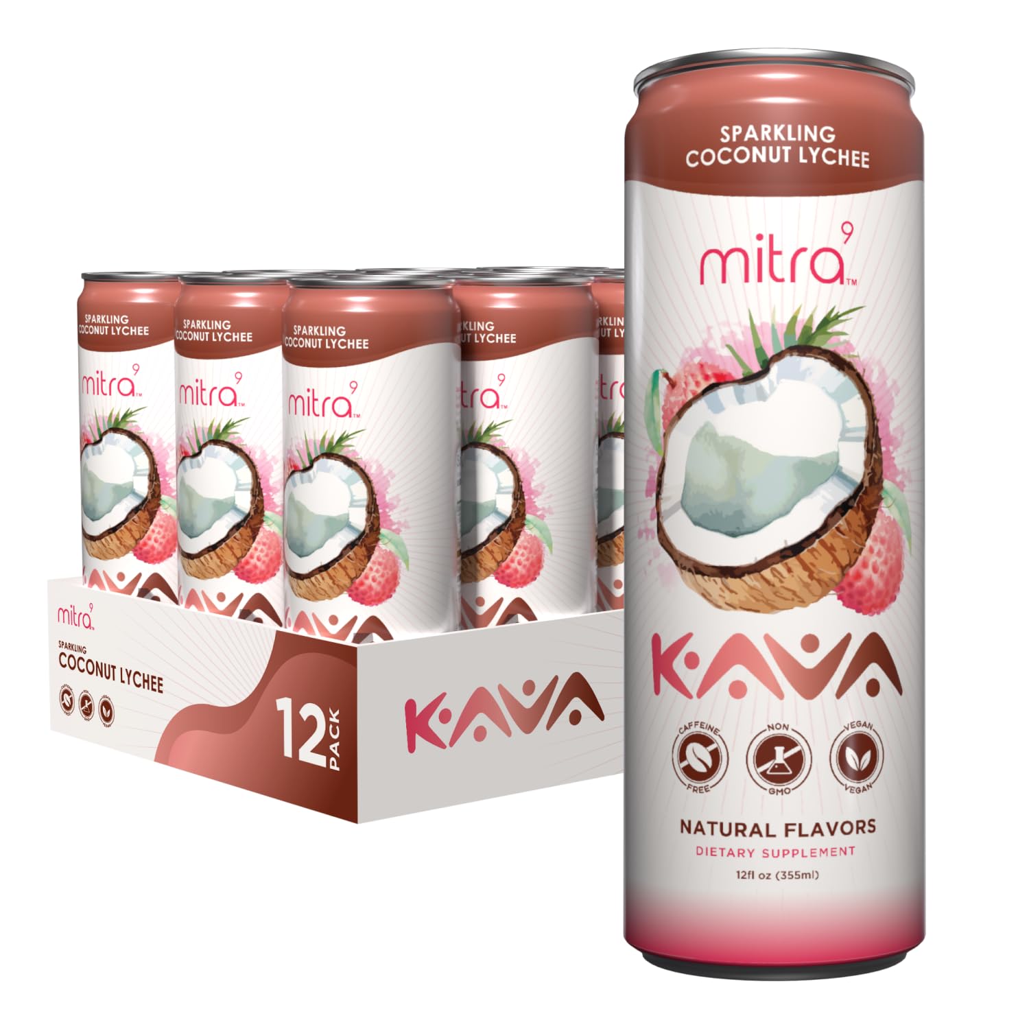 Mitra9 Coconut Lychee Sparkling Kava Drink with Kava Root Extract - Mood Enhancing Botanical Beverage for Calm & Clarity - 12 Fl. Oz (12 Pack)