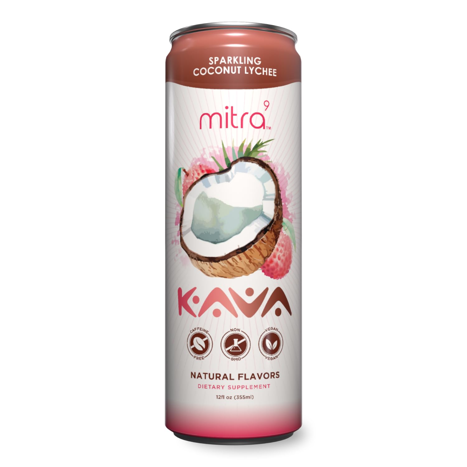 Mitra9 Coconut Lychee Sparkling Kava Drink with Kava Root Extract - Mood Enhancing Botanical Beverage for Calm & Clarity - 12 Fl. Oz (12 Pack)