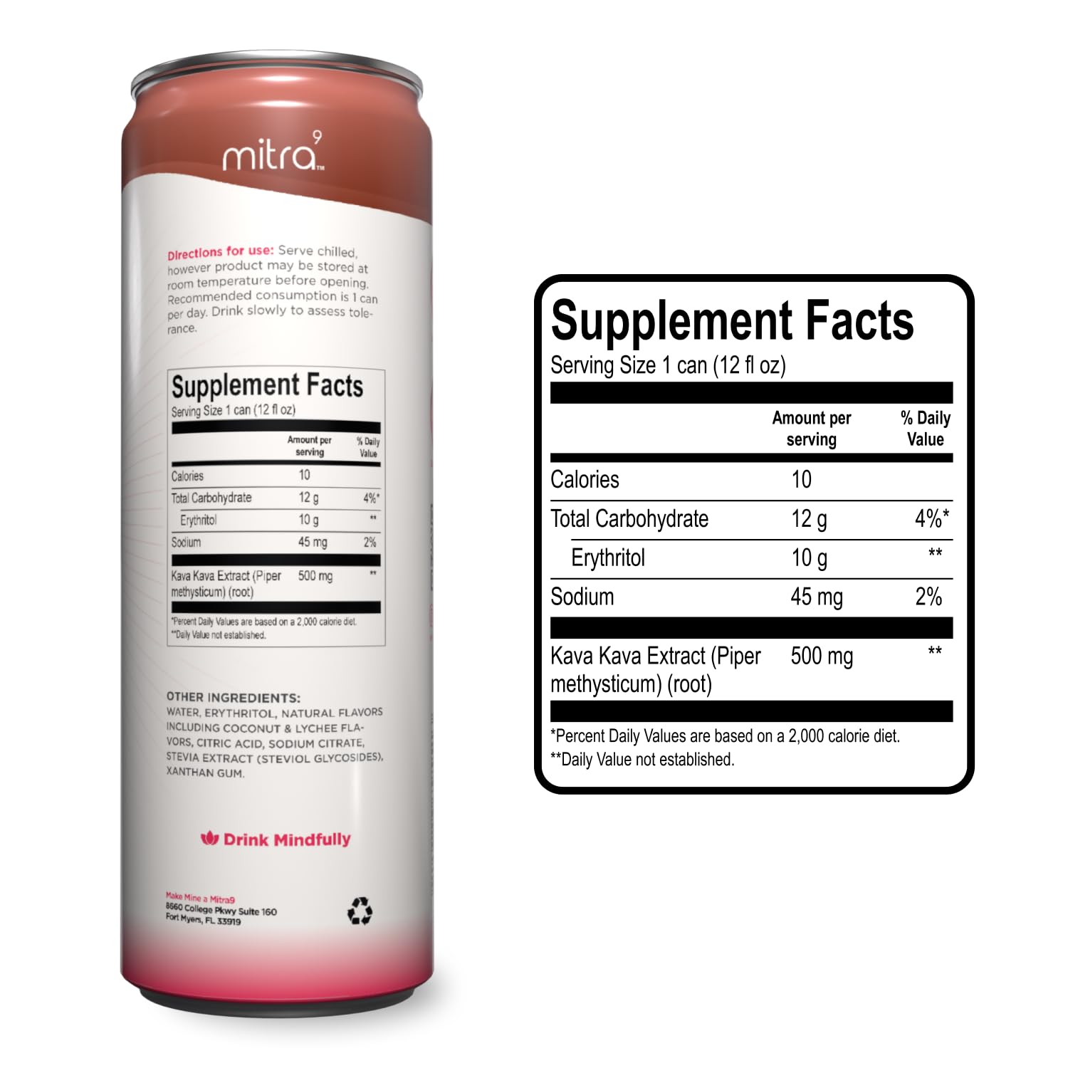 Mitra9 Coconut Lychee Sparkling Kava Drink with Kava Root Extract - Mood Enhancing Botanical Beverage for Calm & Clarity - 12 Fl. Oz (12 Pack)