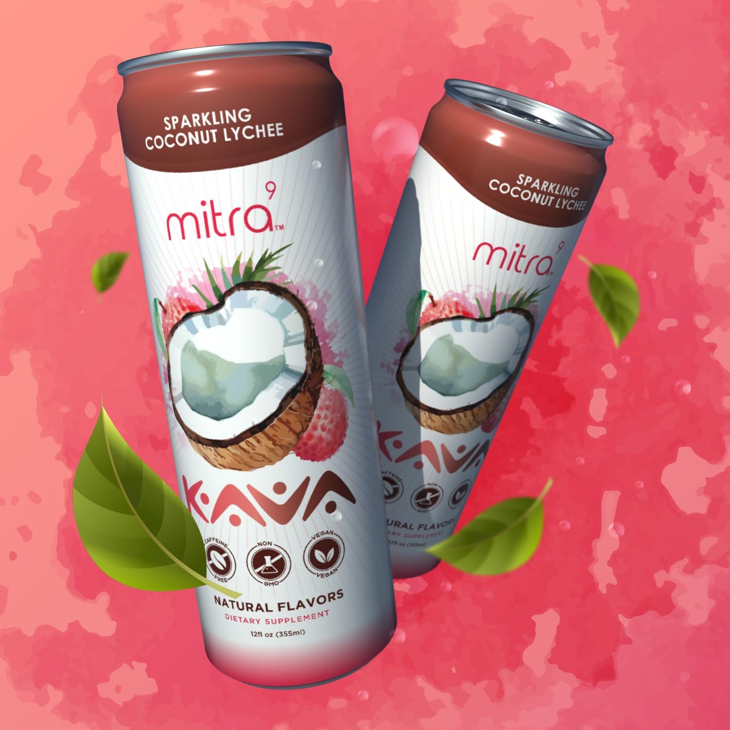 Mitra9 Coconut Lychee Sparkling Kava Drink with Kava Root Extract - Mood Enhancing Botanical Beverage for Calm & Clarity - 12 Fl. Oz (12 Pack)